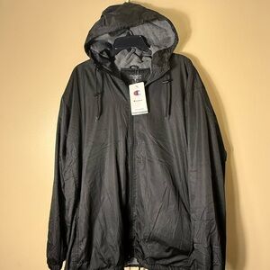 Champion Hooded Windbreaker Jacket Fleece Lined Black Mens XL Full‎ Zip